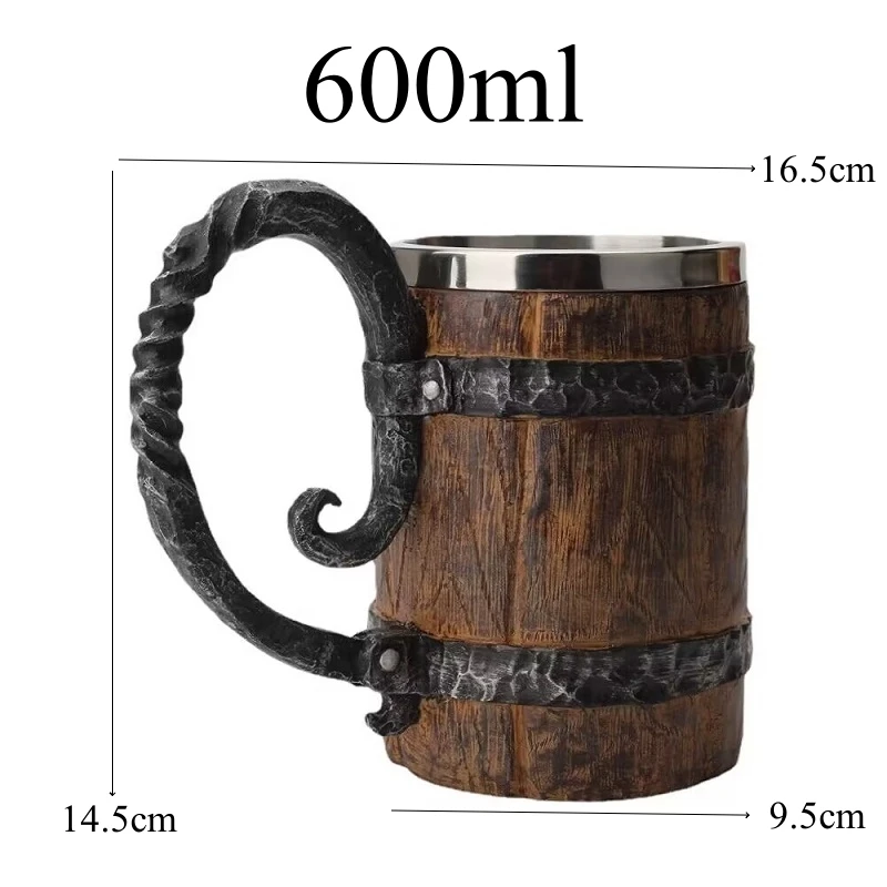600ml Viking Wood style Beer Christmas Gift Simulation Wooden Barrel Cup Double Wall Drinking Mug Metal Insulate Cocktail Tool