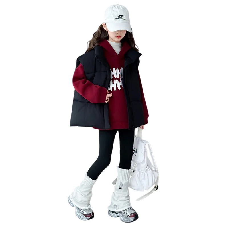 Gilet alla moda in piumino di cotone per ragazze Autunno Inverno Abbigliamento Felpa con cappuccio Felpa con chiusura a cerniera Colore Faionable