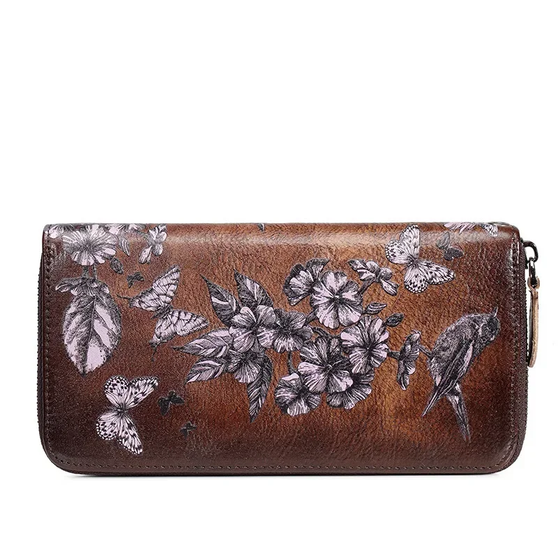 Cartera de cuero genuino para mujer, monedero para mujer, bolso de mano largo con estampado de flores, carteras y monederos para mujer Carteira