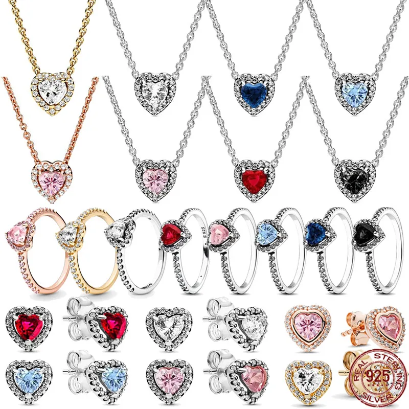 

Classic Heart shaped Jewelry 925 Sterling Silver Exquisite Various Colors Heart Earrings Ring Necklace Luxury Charm Jewelry Gift