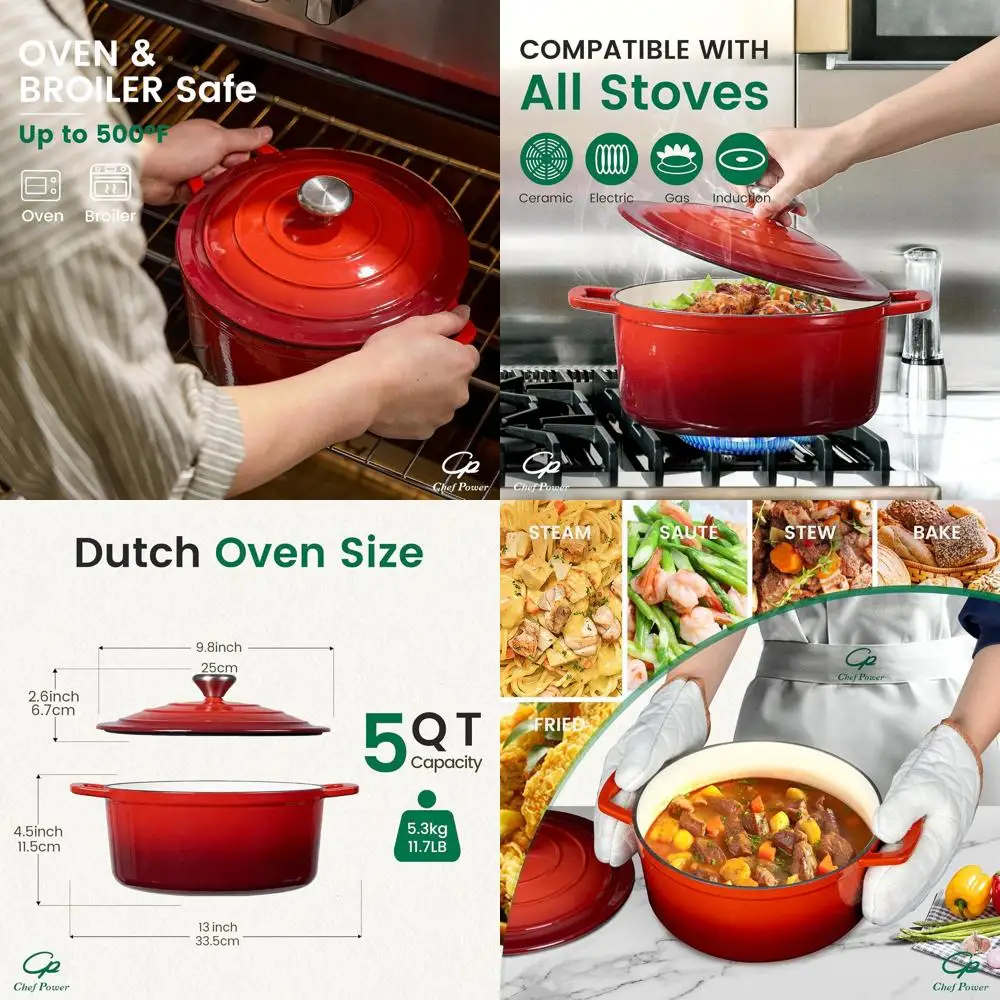 

Enameled Cast Iron Dutch Oven, 5QT, Red Gradient, Perfect for Bread, Braising, Stews, and Roasting
