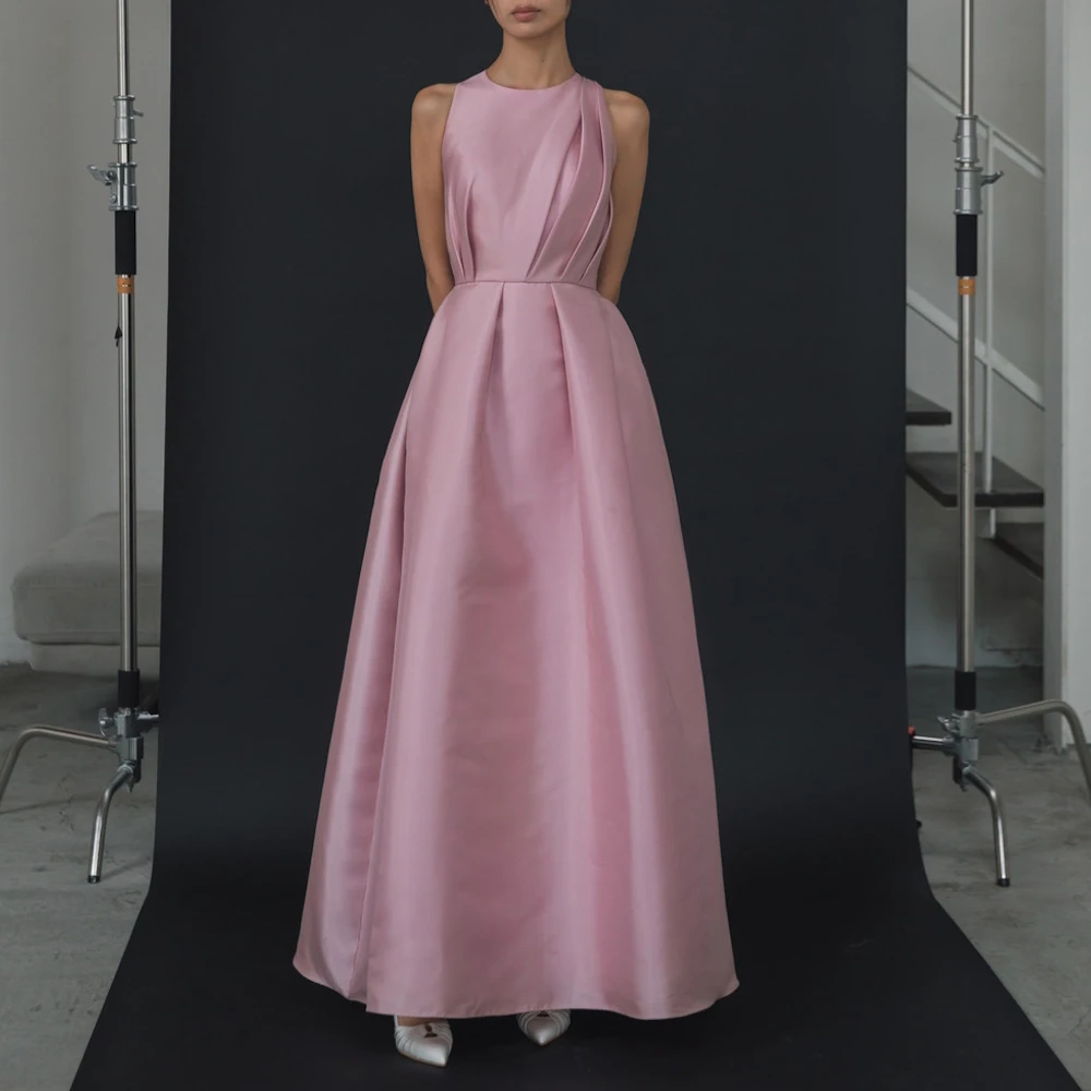 

ROSELLA Fairy Pink O Neck Prom Dresses Satin Floor Length Garden A Line Party Dress Pleated Korean Wedding Photo Shoot 2023