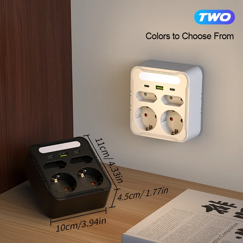 EU Power Strip Multi Plug EU Socket Adapter with Night Light, 4 AC + 3 USB Ports, 3-Color Stepless Dimming Childproof & Overload