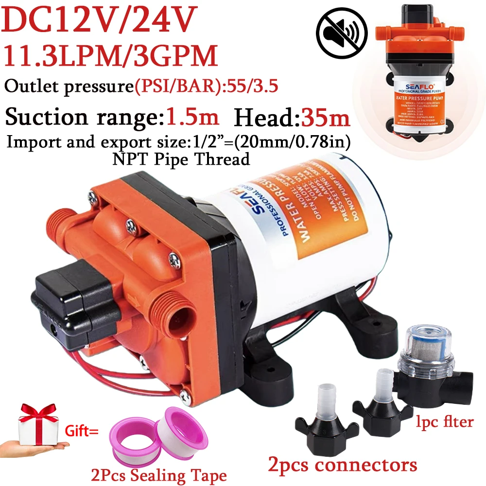 

DC12V/24V Durable Self-Priming Diaphragm Pump, Large Flow Booster 3GPM/55PSI Electric Motorhome Yacht Four-Chamber Supply