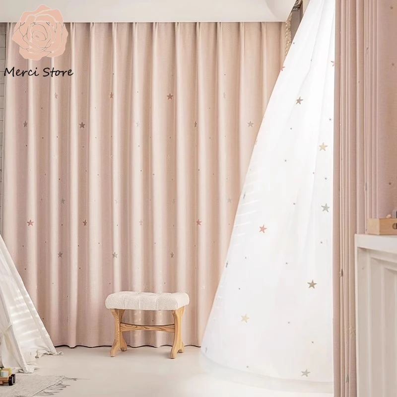

Childrens Room Curtains for Living Room Boys Girls Bedroom Chenille Black Shading Embroidered Star Blackout Window Custom Veil