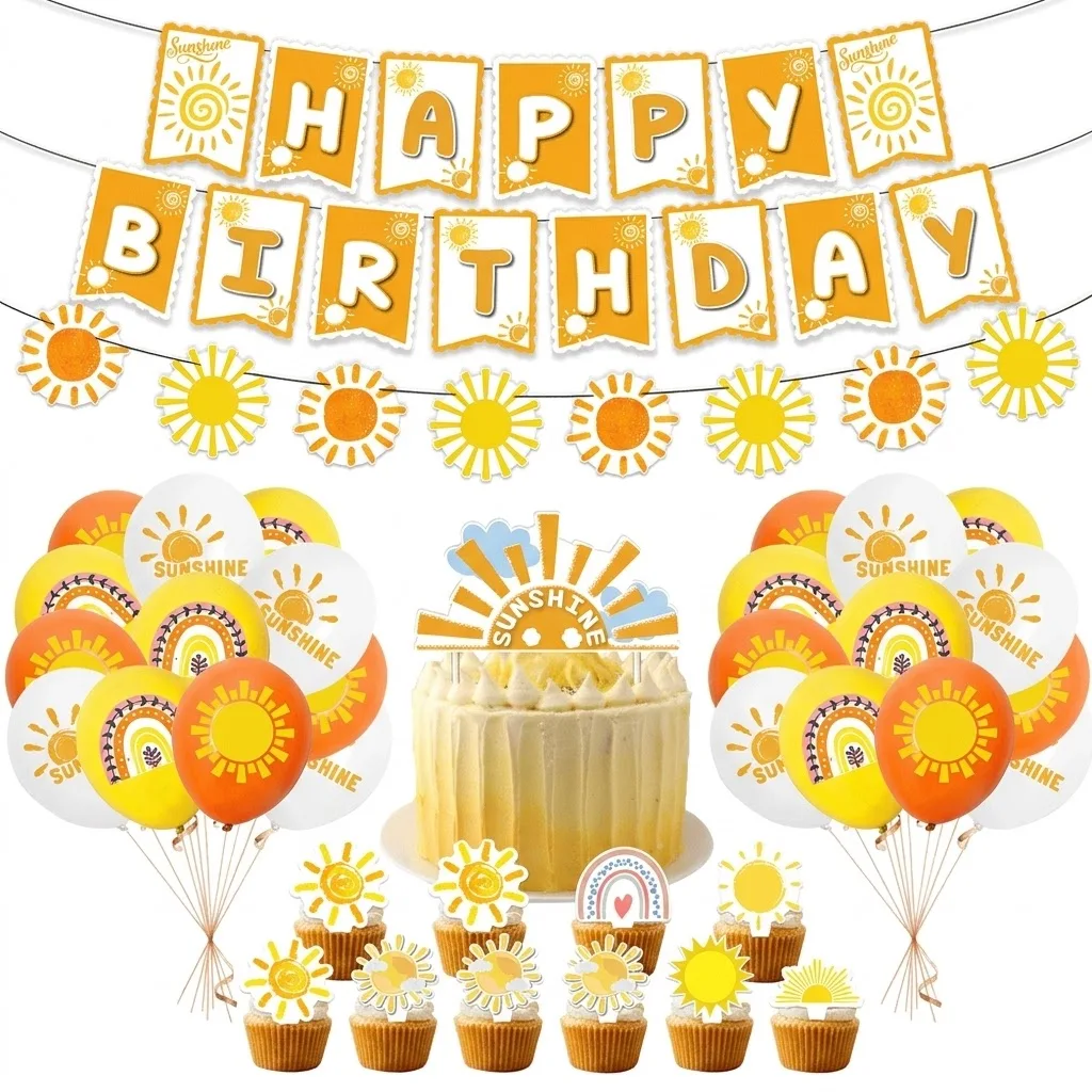 Kit de décoration de fête sur le thème Bohème Soleil, Bannière Joyeux Anniversaire Premier Tour du Soleil, Ballons, Décoration de gâteau, Fournitures pour Baby Shower