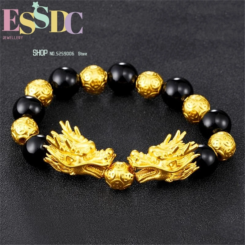 Men's Natural Black Onyx  Vietnam Sand Gold Round Coin Beads Powerful Double Dragon Head Charm Bracelet Wholesale