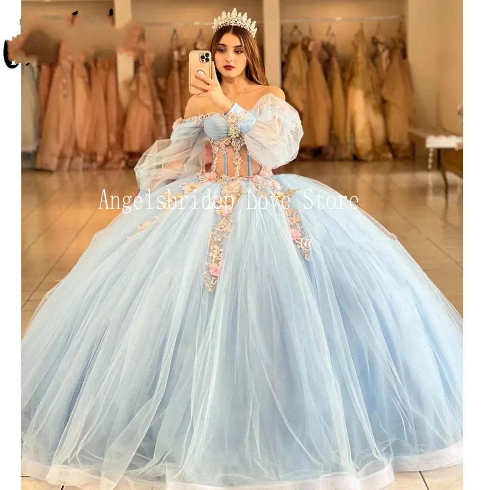 Angelsbride Sky Blue With Sequined Appliques Long Puff Sleeves Sweet 16 Dress Vestidos De Festa Ball Gown Quinnceanera Dresses