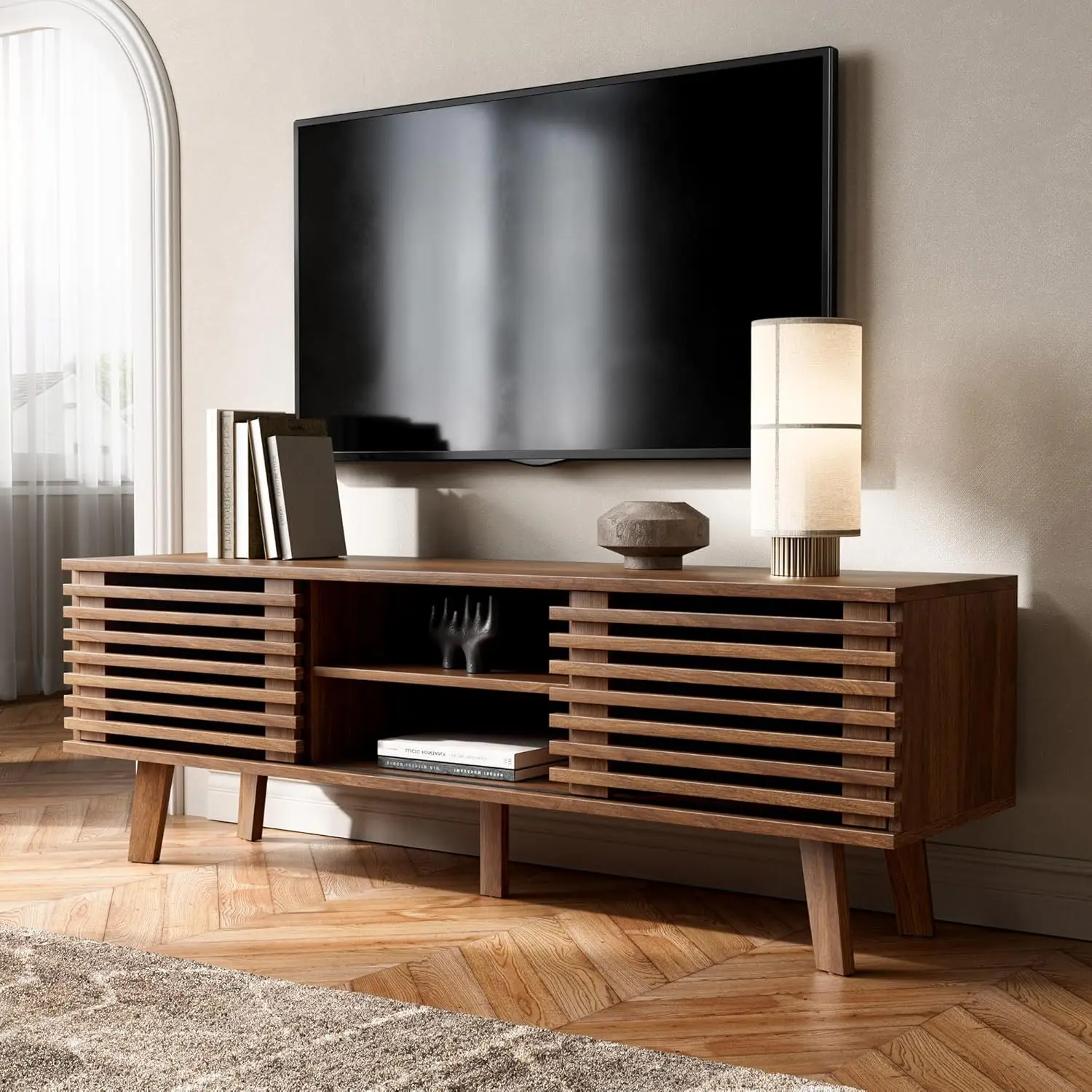 مجموعات طاولات غرفة المعيشة مكونة من 2، طاولة قهوة وحامل تلفزيون لمنتصف القرن، طاولة قهوة خشبية مع مساحة تخزين، حامل تلفزيون حديث لغرفة النوم، #3