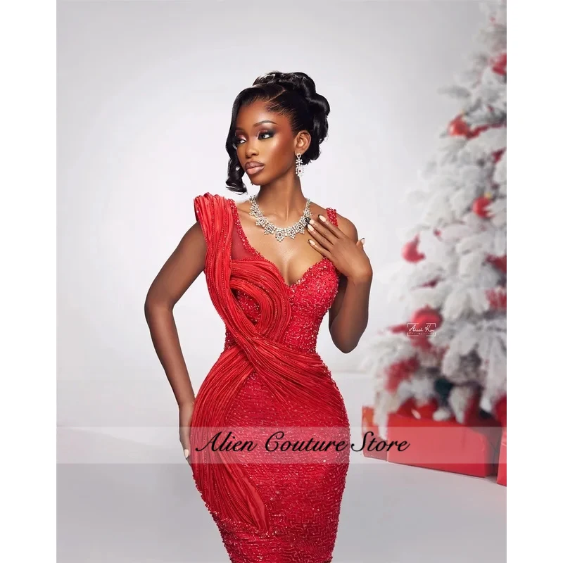 Red Long Prom Dresses For Black Girls V-neck Sequins Beaded Birthday Party Dresses African Evening Gown Robe De Customized