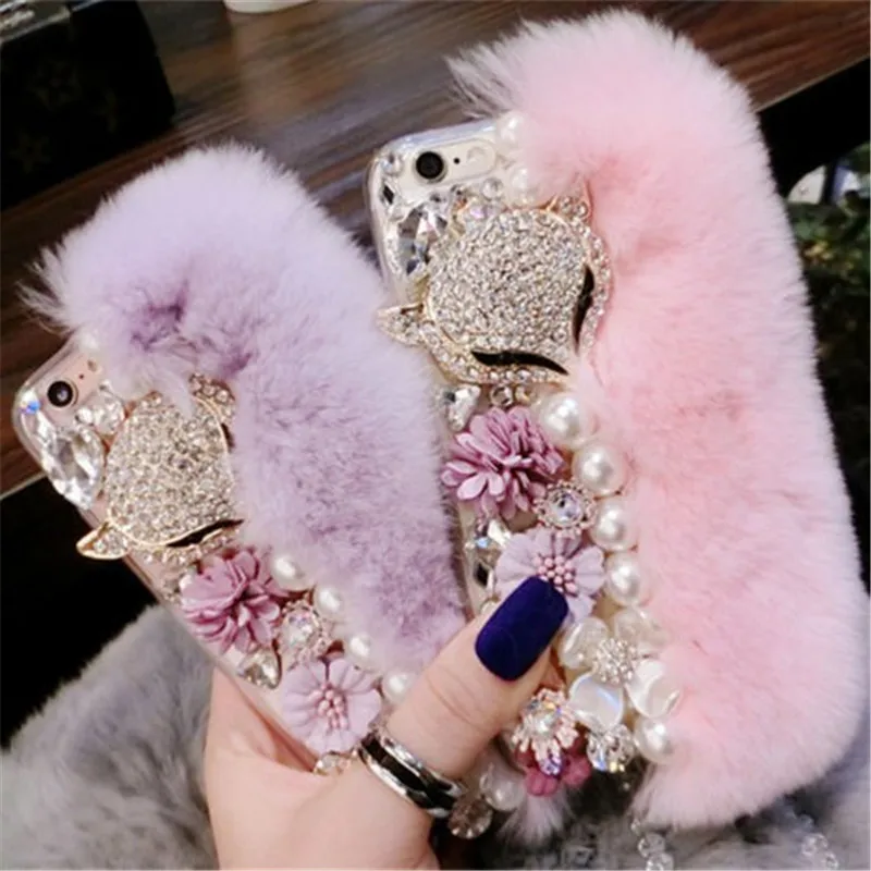 Warm Fluffy Rabbit Fur Bling Diamonds Pearl jewelry Phone Case Cover For Xiaomi Redmi 9A 9C Note8 9Pro Note10S Note11 Pro 12Pro