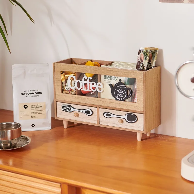 

European Retro Wooden Storage Box with Drawers Coffee Utensils Storage Boxes Home Office Items Organization Make Up Organizer