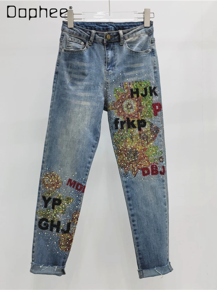 

European Goods High Waist Jeans for Women Spring Autumn Street Hipster Color Printed Rhinestones Stretch Slim Fit Skinny Pants