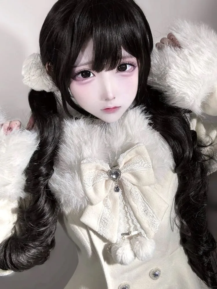 Japanese Kawaii Parkas Long Sleeve Princess Style Coat + Bow Scarf Sweet Women Casual Two Piece Set Lolita Autumn Clothing