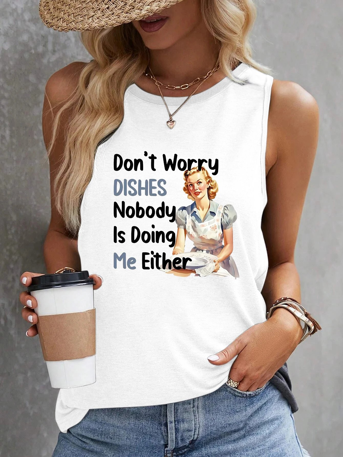 Don't Worry Print Tank Top Sleeveless Casual Top For Summer & Spring  Women's Clothing