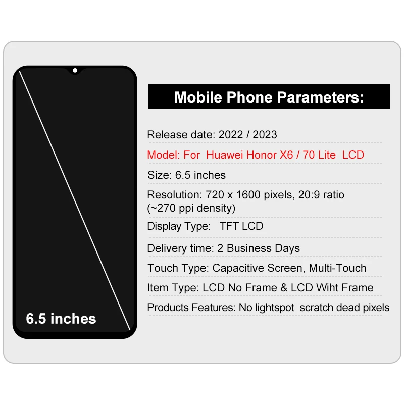 AA New Test 6.5'' VNE-LX1 For Huawei Honor X6 Display Touch Screen Digitizer For Honor 70 Lite LCD VNE-LX2 VNE-LX3 Replace Parts