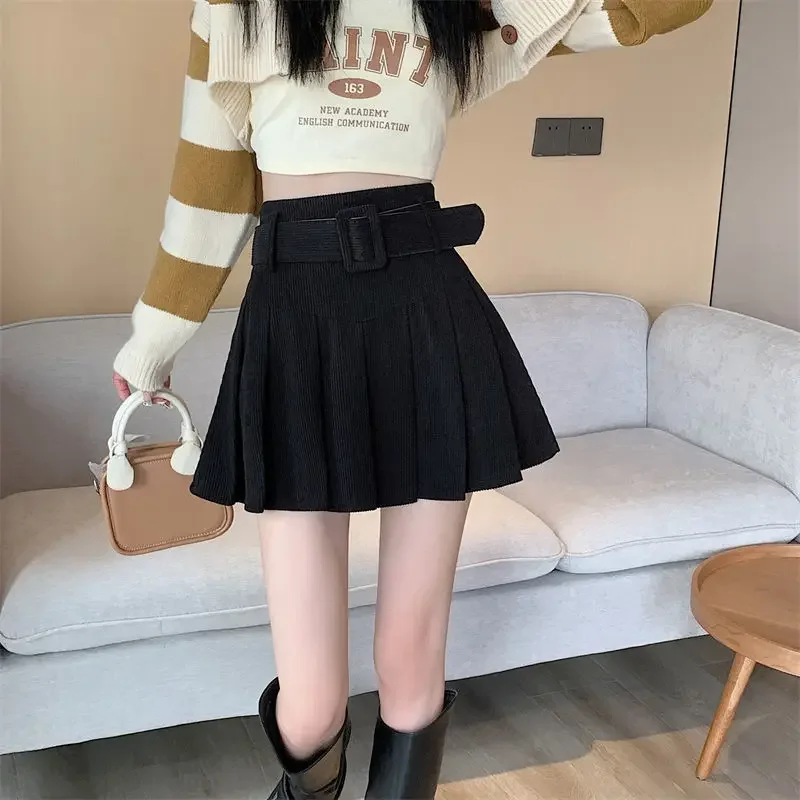 Corduroy Pleated Mini Skirts Women High Waist Preppy Style Slim Short Skirts Korean Fashion Autumn Winter Basic Skirts Female