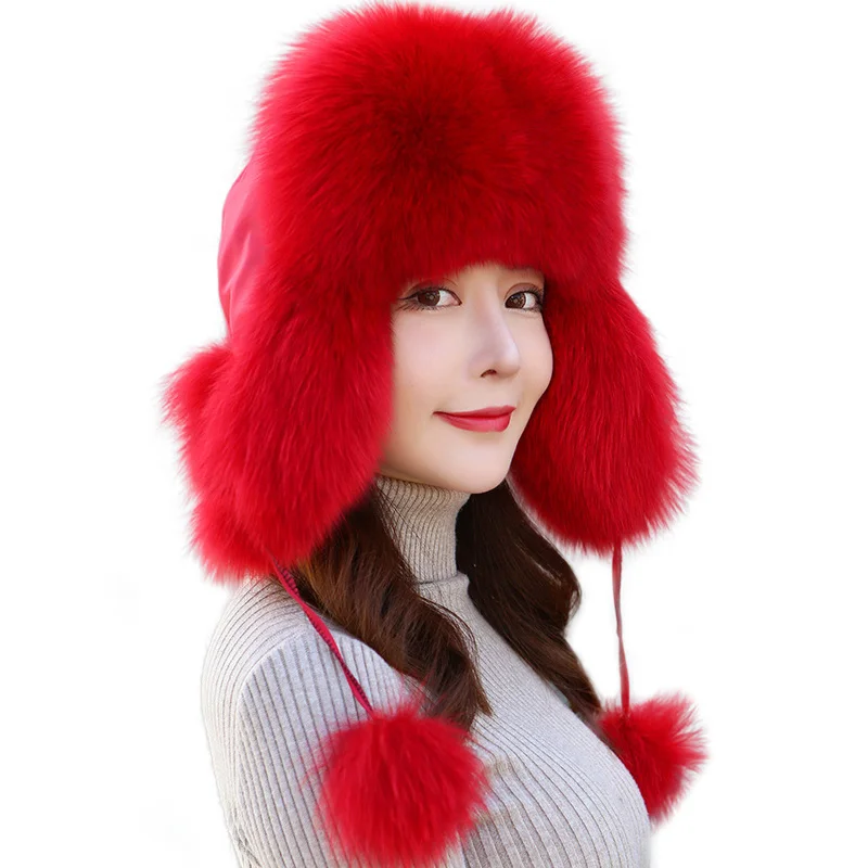 Chapéu bombardeiro de pele de raposa espessa feminino, gorro quente, bonés russos, moda coreana, chapéu de bolso Ushanka Earflap, tendência inverno