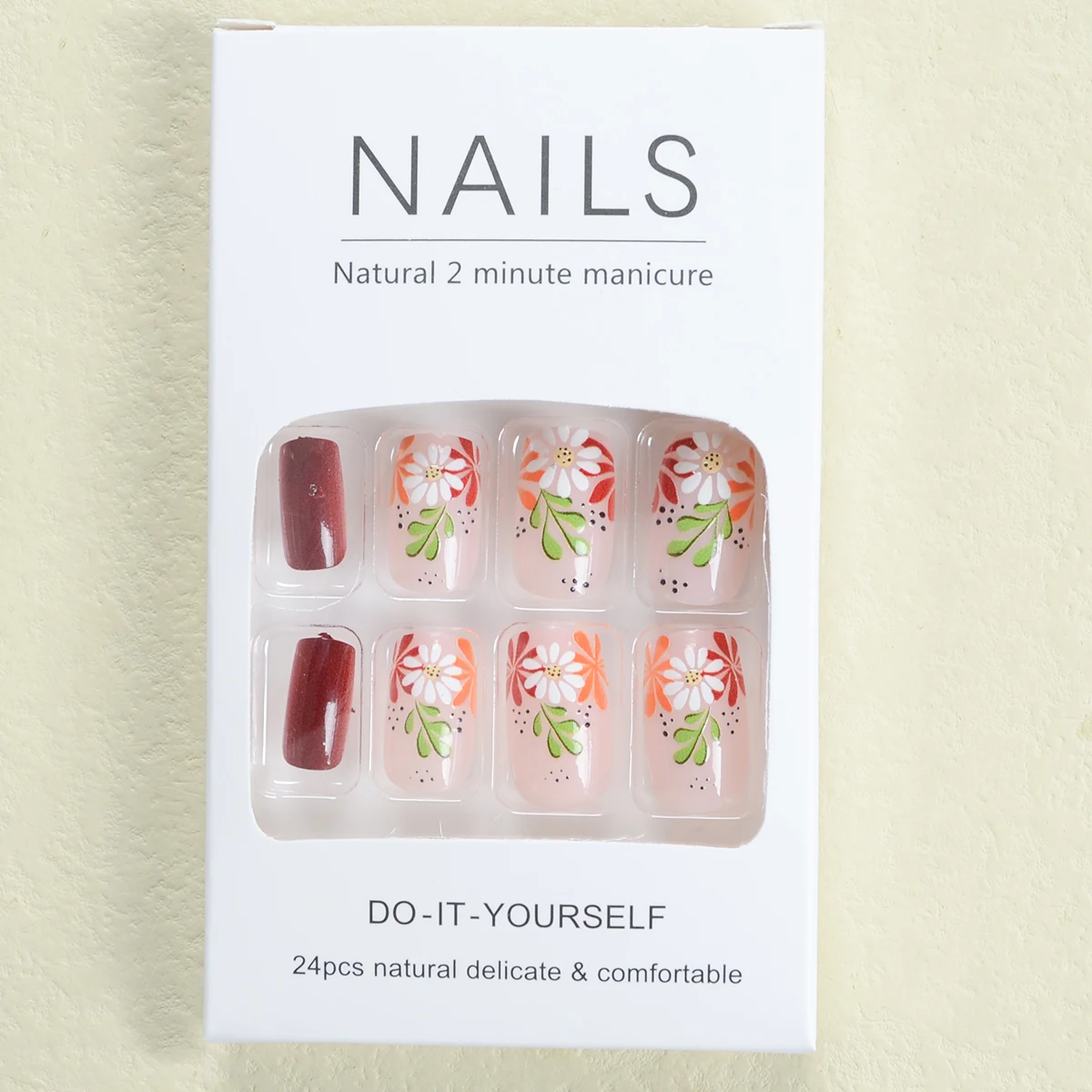 24 Medium Square Nail Patch Brown Glitter Multicolor Flower Leaf Pattern Wear Armor Set