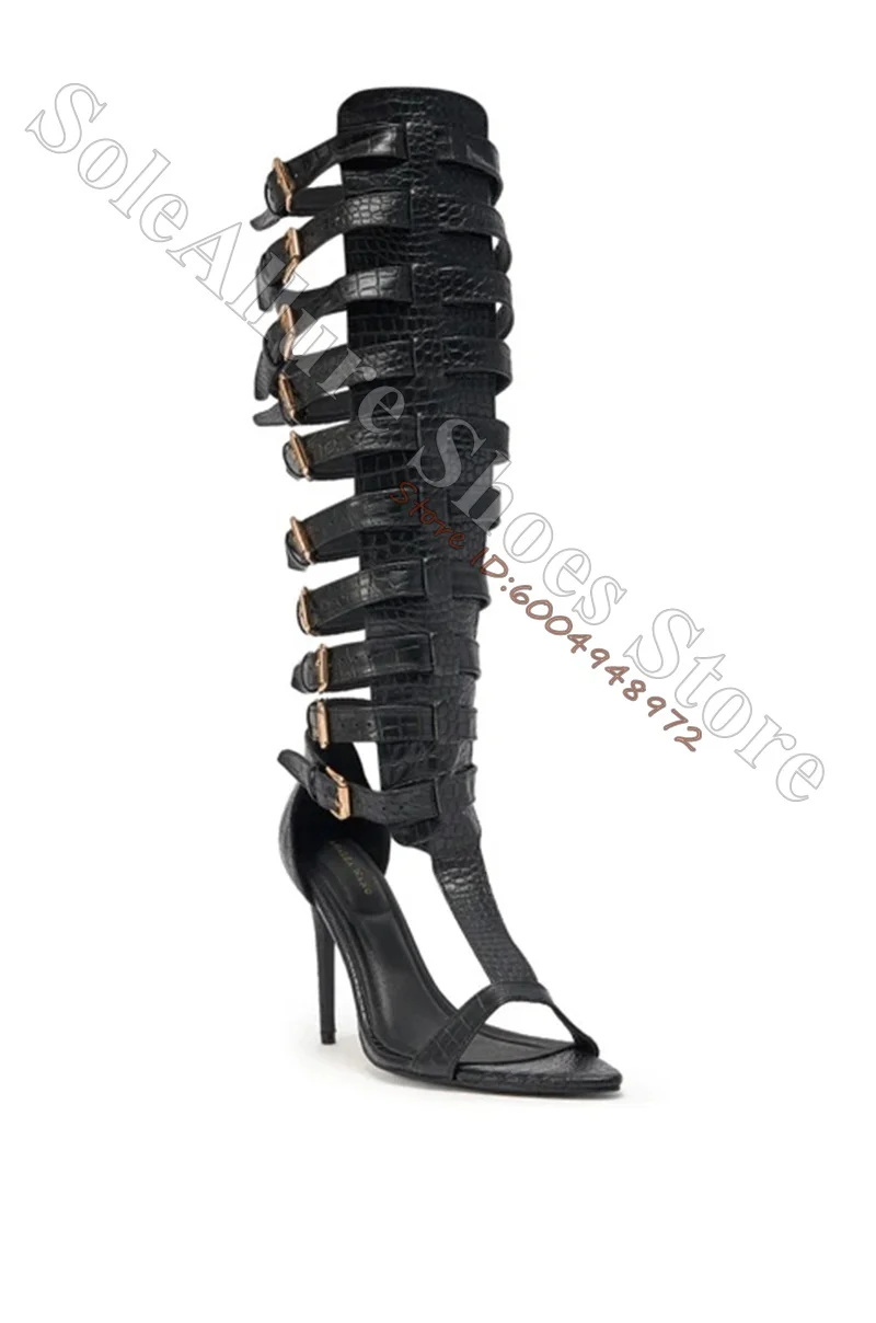 Black Textured Knee High Gladiator Sandals Women Multi Gold Buckle Hollow Out Stiletto Heel Gothic Punk Party Footwear 5