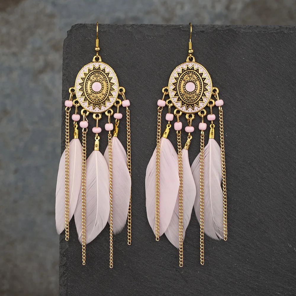 Vintage Ethnic Feather Tassel Earrings For Women Long Fringe Chain Drop Dangling Earrings Female Girls Jewelry Accessories