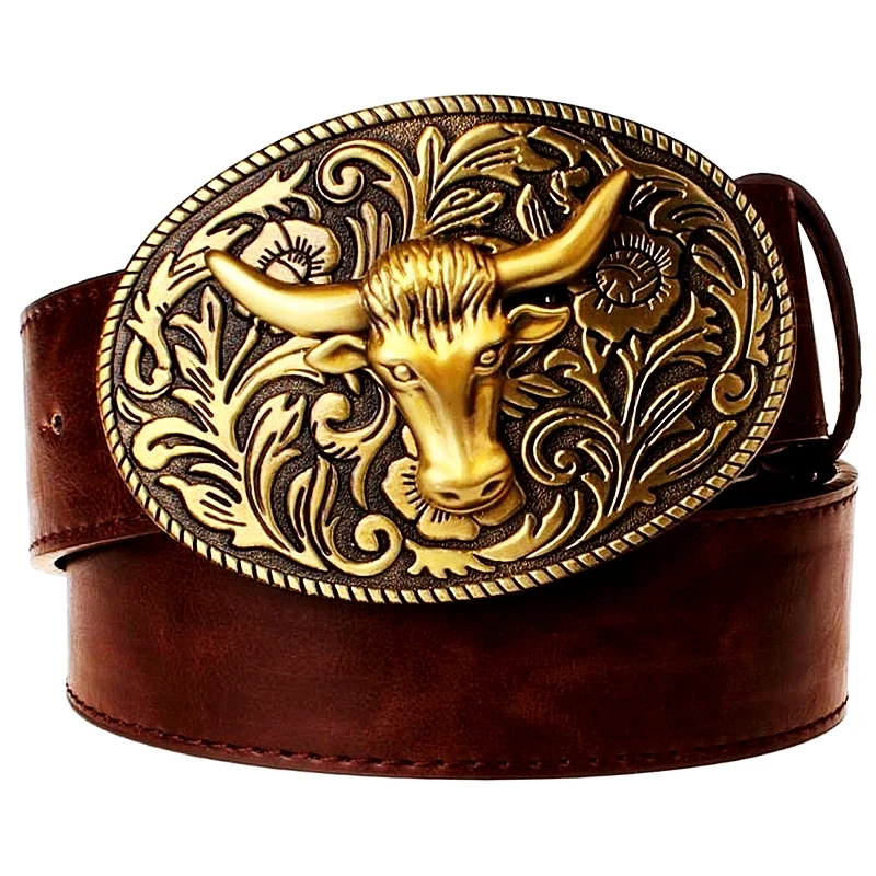 

Brass Bull Head Pattern Fashion Men Leather Belt Cow Horn Royal Floral Vines Women Jeans Waistband