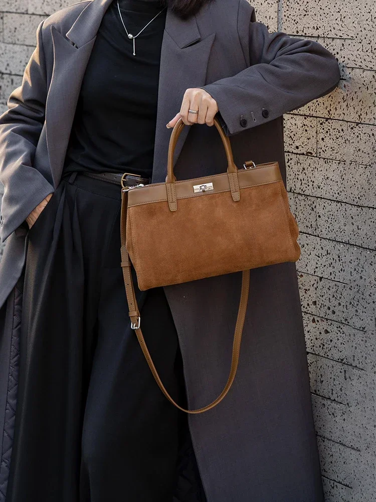 

Female Shoulder Bag Commuter Travel Shoulder Bag New Wine Red Chamois Tote Large Real Suede Cow Leather Women Hand Bag High-end