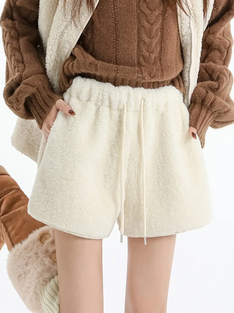 Caramel Lamb Velvet Wide Leg ort Pants Women's Winter New Outwear Small Size Boot Pants American Retro A-Line Casual Pants