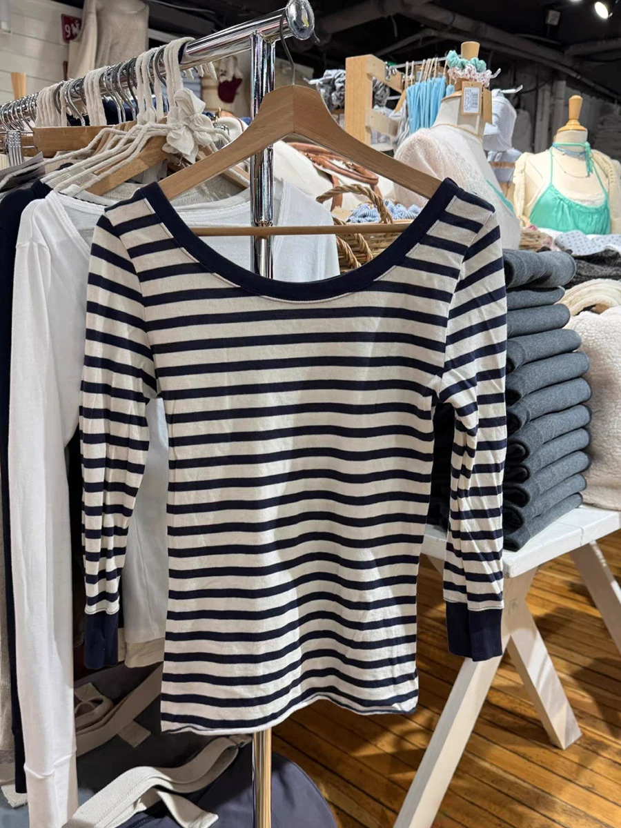 Navy Striped Long Sleeve T-shirt Woman Scoop Neck Slim Cotton Tee Shirts American Vintage Preppy Style Sweet Autumn Tshirts New