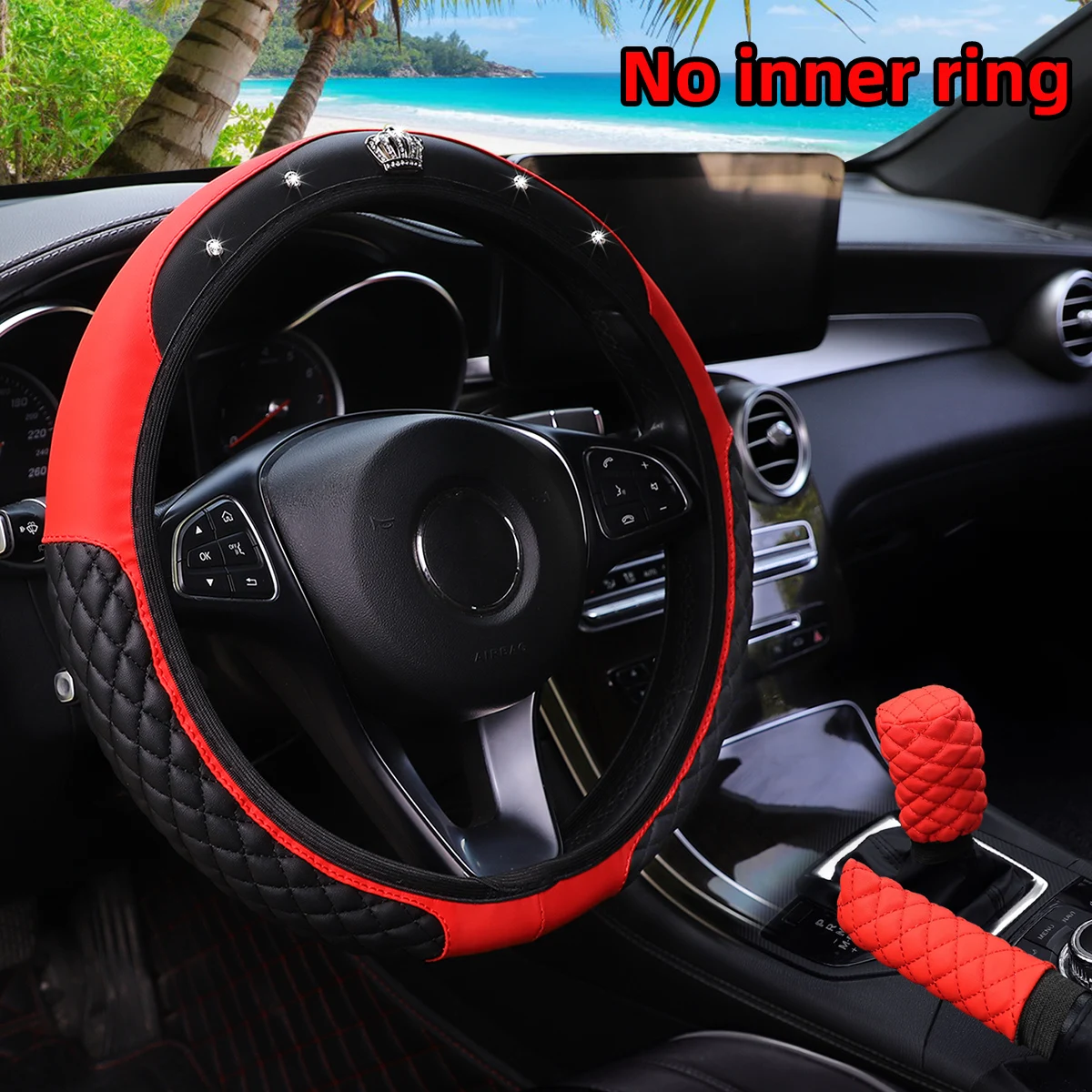 3-teiliges PU-Leder Lenkradbezug-Set mit Kronen-Diamant-Intarsien, Schalthebel-Abdeckung und Handbremsen-Abdeckung für Autos ohne Innenring – Detail 7