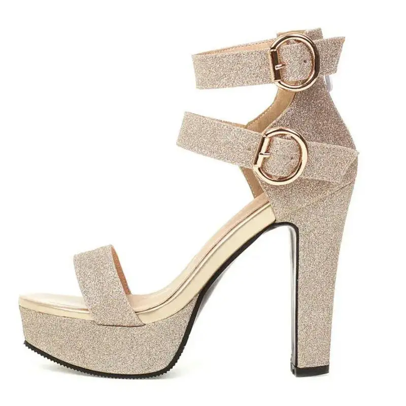 

New Open Toe Woman's Shoes Glitter Double Buckle Strap Sexy Ladies Dress Pumps Gold Black Heels Platform Gladiator Sandals Women