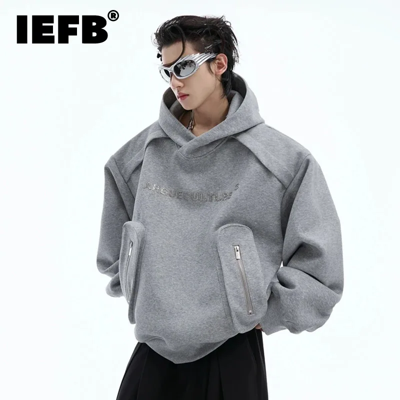 IEFB Korean Style Men\'s Hoodies Patchwork Letter Printing Three-dimensional Pockets Shoulder Pads Loose Male Sweatshirts 24E2591