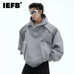 IEFB Korean Style Men's Hoodies Patchwork Letter Printing Three-dimensional Pockets Shoulder Pads Loose Male Sweatshirts 24E2591