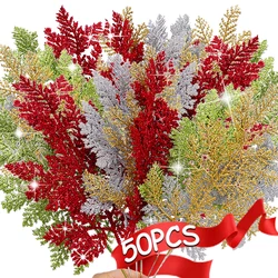 50-5Pcs Christmas Glitter Gold Silver Leaves Xmas Tree Decoration Pendant Artificial Plants Pine Branches Home New Year Ornament