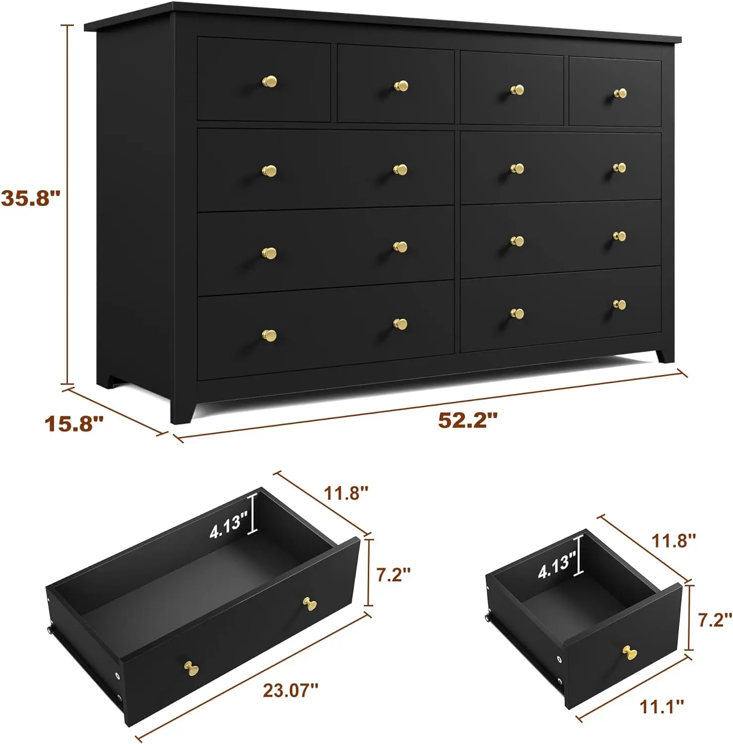 Dresser for Bedroom with 10 Drawers with Smooth Metal Rail Wood & Chests of Drawers Modern Wide Dresser for Bedroom