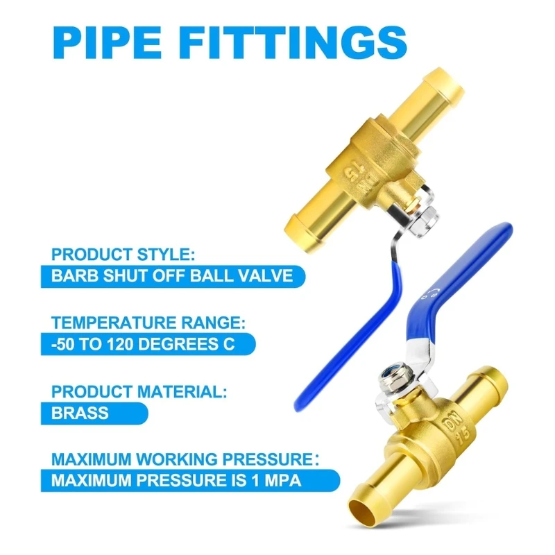 2 Pieces 2 Way Straight Barb Shut-off Ball Valves 16mm Hose Barb Brass Balls Valves Simple Installation Durable