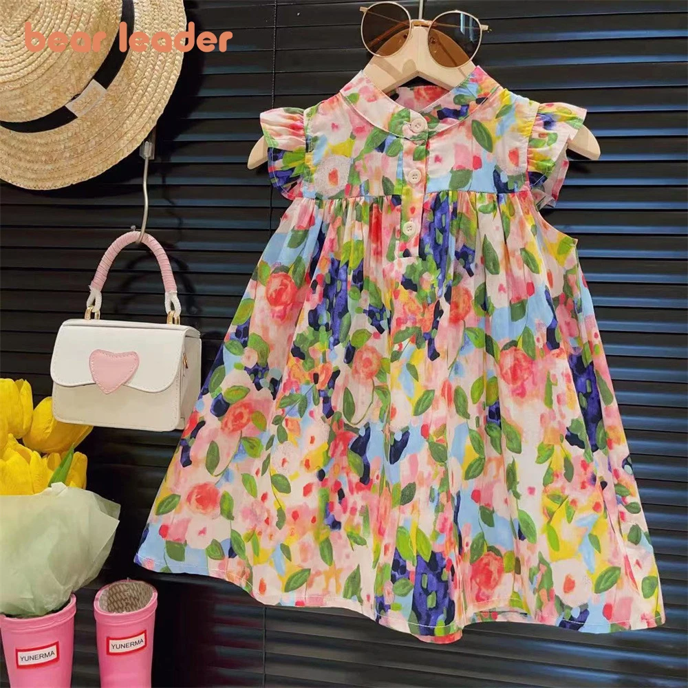 Bear Leader Girls' Dress 2026 Summer New Girls' Round Neck Flower Print Flying Sleeve Dress Fashion Children's Print Dress