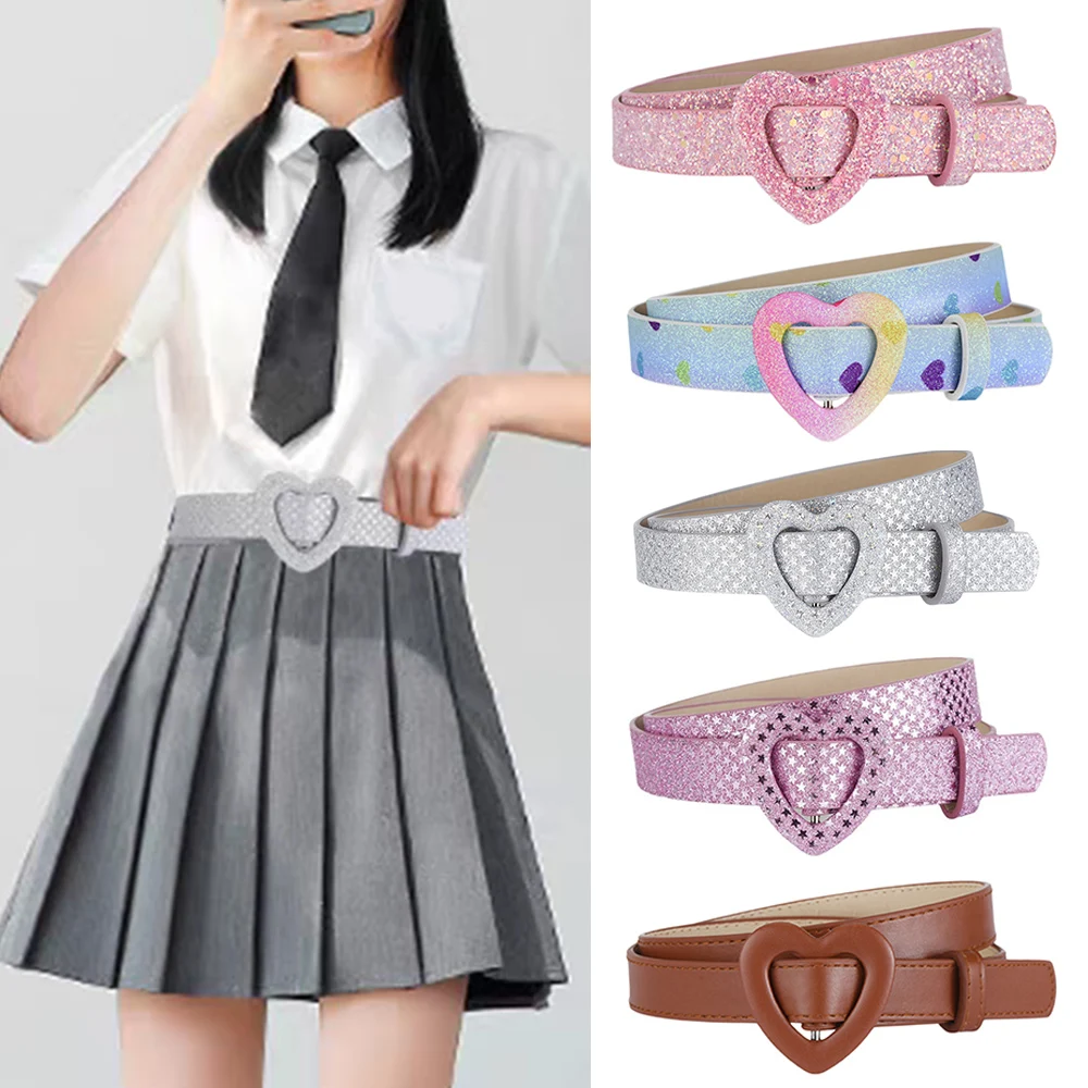 

Love Heart Shaped Buckle Shiny Stars Waistband Children Solid Color Faux Leather Belt Girls Sequins Thin Decorative Waistbands