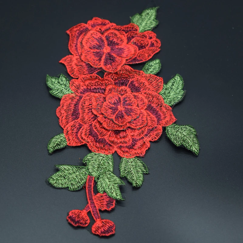 1 Pair Red Embroidery Rose Flower Sew On Patch Dress Hat Bag Jeans Applique Crafts Clothing Accessories 23*12CM