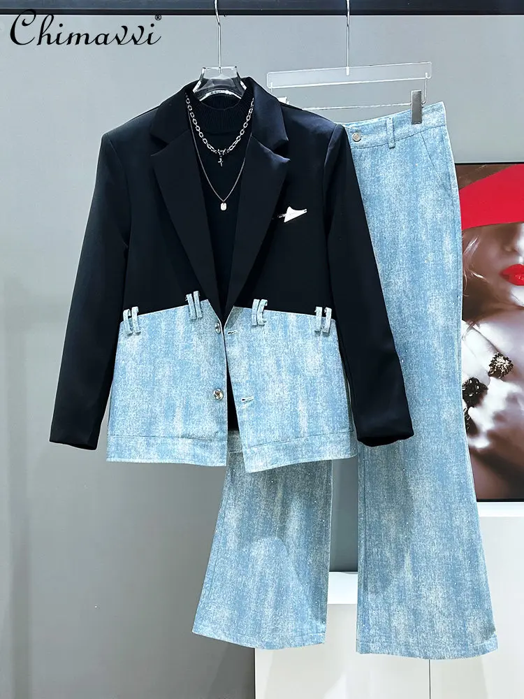 

Original Fashion Trend Rhinestone Denim Patchwork Suit Men's Single-Breasted Short Blazer Loose Straight-Leg Pants Two-Piece Set