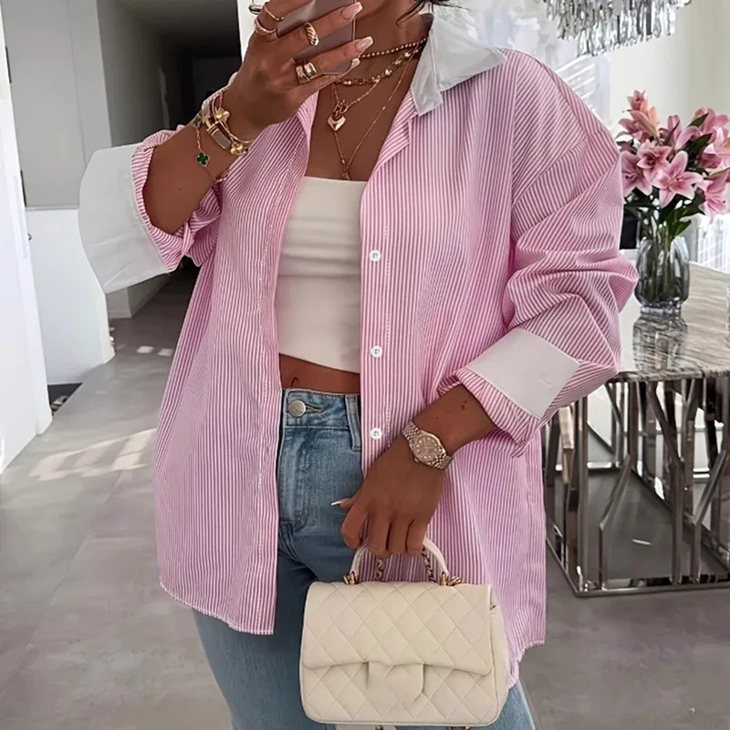 

Fashion Stripes Print Office Tops Blusa Elegant Lapel Collar Temperament Shirt Women's Casual Long Sleeve Loose Commuting Blouse