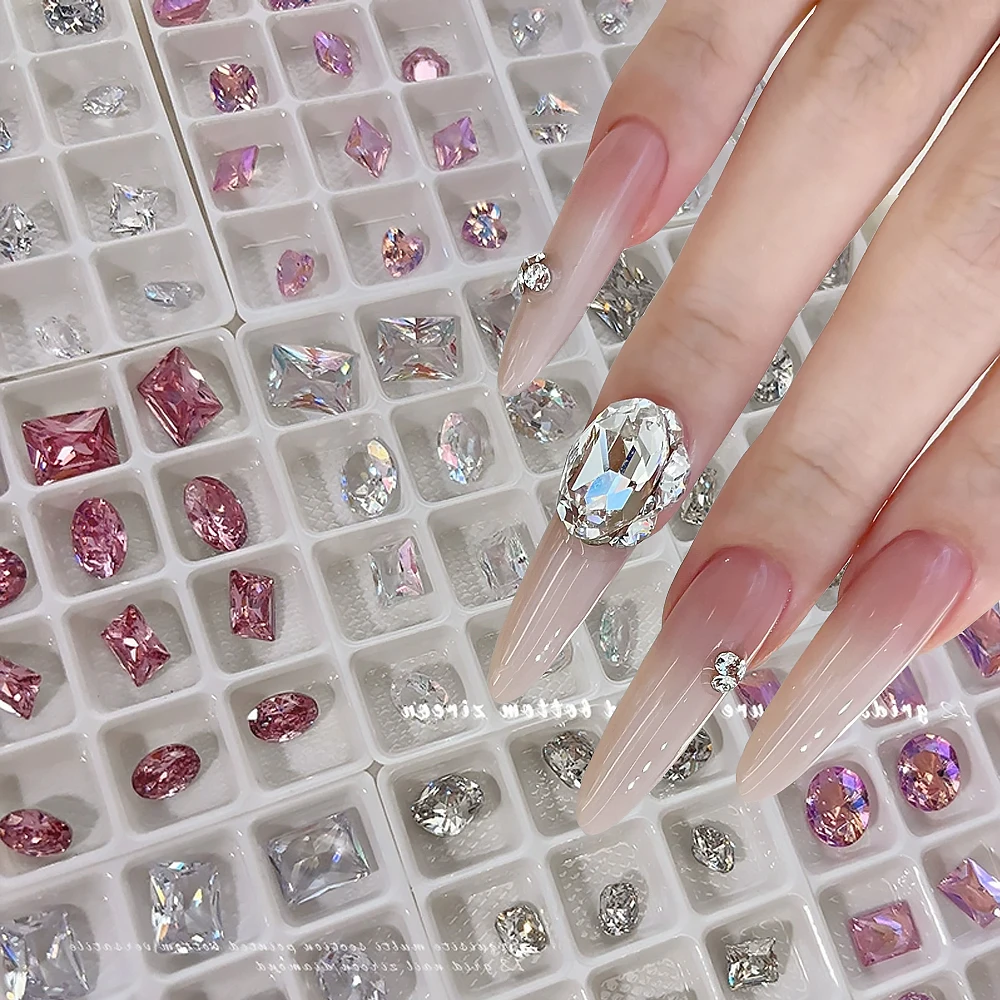 12 pçs rosa claro piscando quadrado coração prego strass cúbico ganso ovo zircônia arte do prego charme aurora brilhando manicure cristal