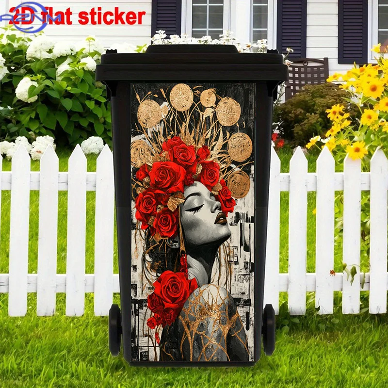 Mysterious Art Trash Can Sticker | Golden Ornament And Red Rose Crown Self-Adhesive Removable Decal, Vibrant, High-Glossy, Sui