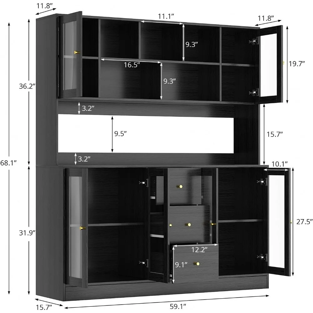 Kitchen Hutch Cabinet, Kitchen Pantry Storage Cabinet with 6 Glass Doors, 3 Drawers & Microwave Shelf, Freestanding Cupboard