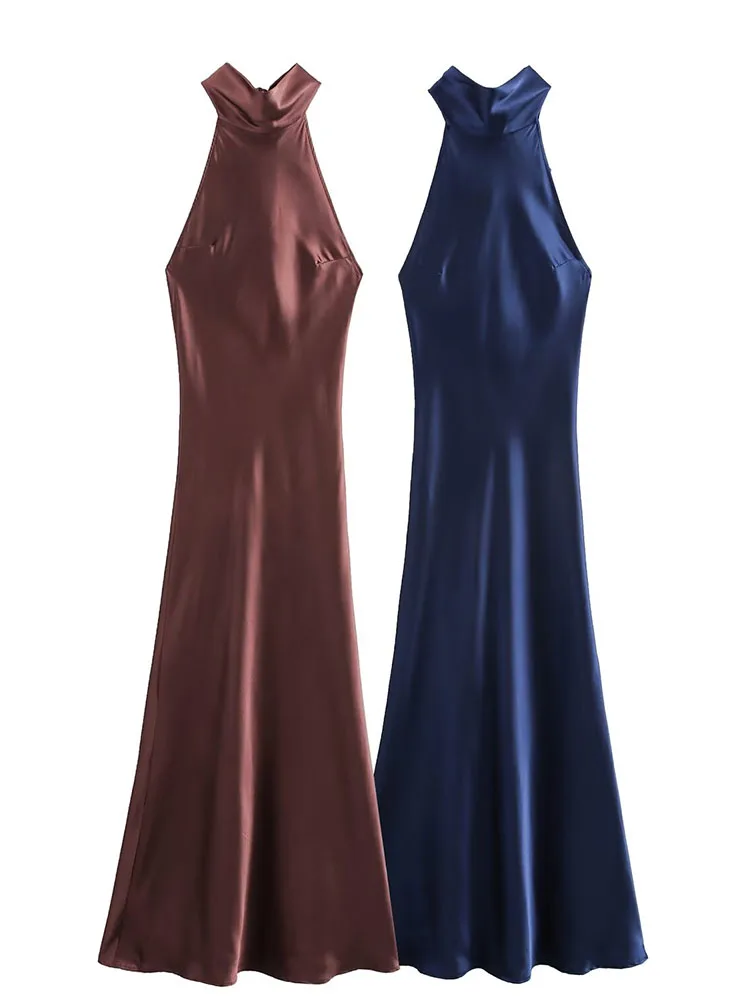 2024 Autumn and Winter New Arrivals Women's Clothing Backless Halter Collar Satin Texture Sleeveless Long Dress