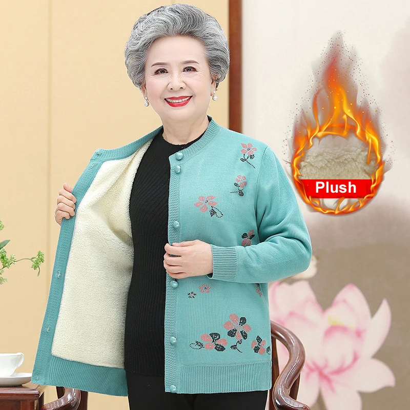 Plus 4XL Women Floral Printing Knitting Cardigan Coat Mother\'s Single-Breasted Slim Sweater Grandma Winter Plush Warm Clothing