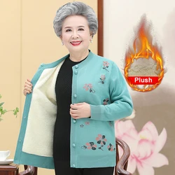 Plus 4XL Women Floral Printing Knitting Cardigan Coat Mother's Single-Breasted Slim Sweater Grandma Winter Plush Warm Clothing