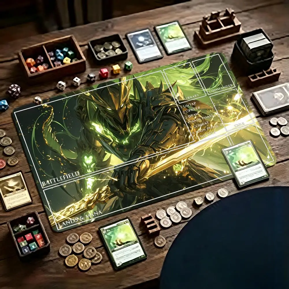 Green Golden Mecha Samurai TCG Playmat 35X60CM Tabletop Trading Mat Non-Slip Durable Stitched Edge Three Templates Available