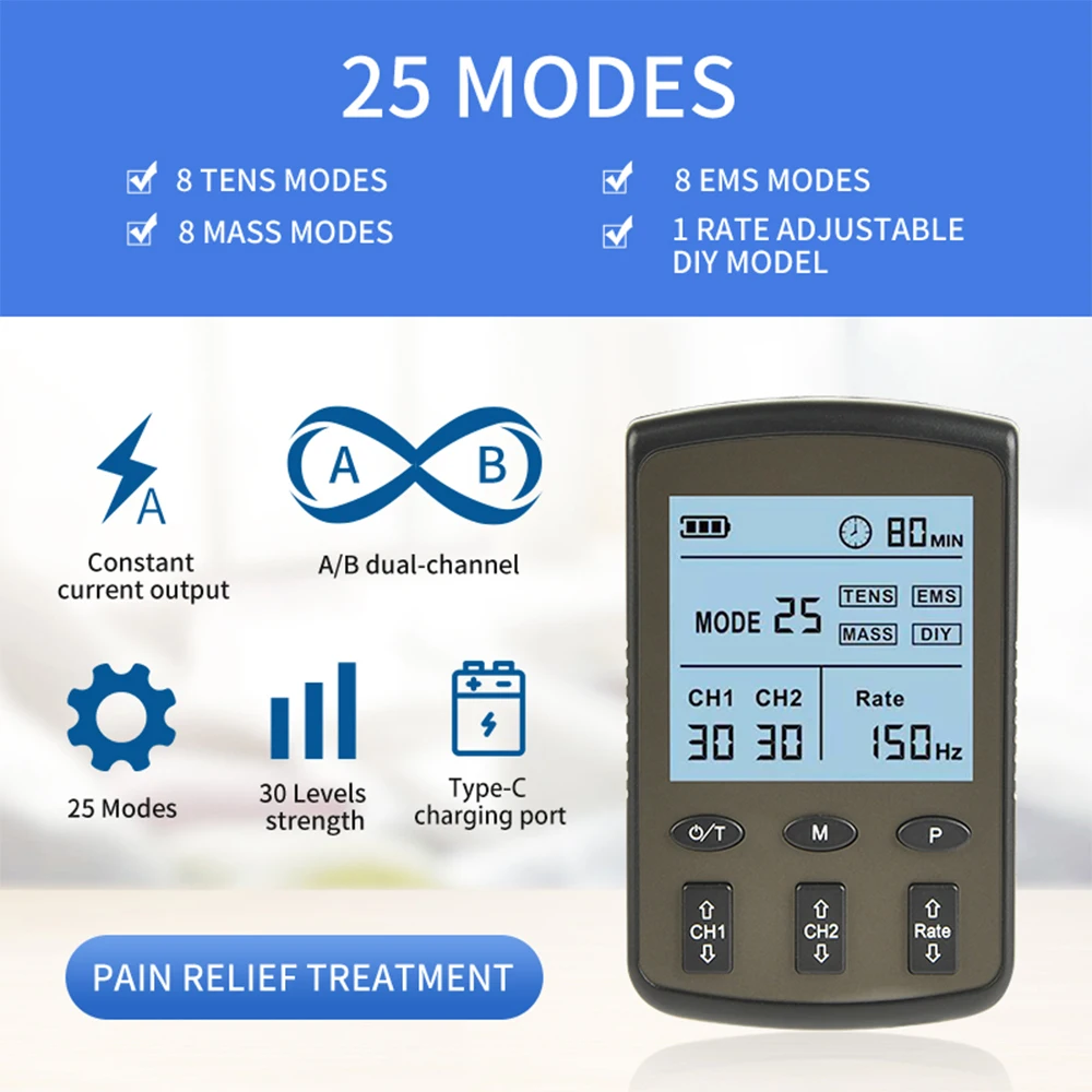 Masajeador EMS Tens de doble canal, Estimulador muscular, 25 modos, 30 intensidades, pulso de acupuntura, fisioterapia de baja frecuencia, alivio del dolor