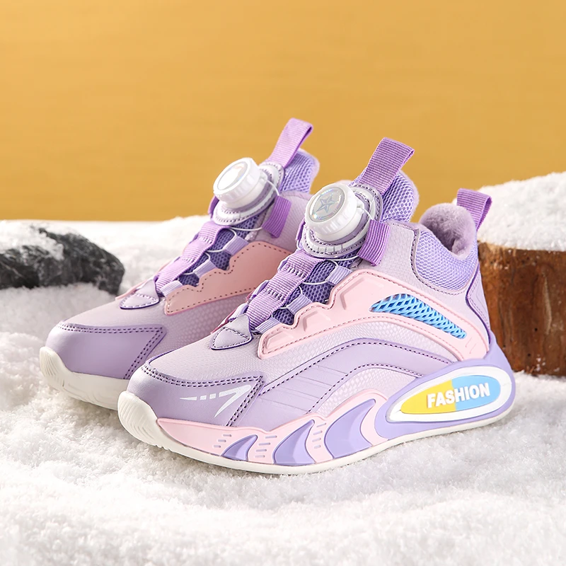 Kids Winter Rotary Buckle Leather Ankle Boots | Warm Fleece Lined Casual Shoes, Non-Slip Insulated Booties for Boys Girls